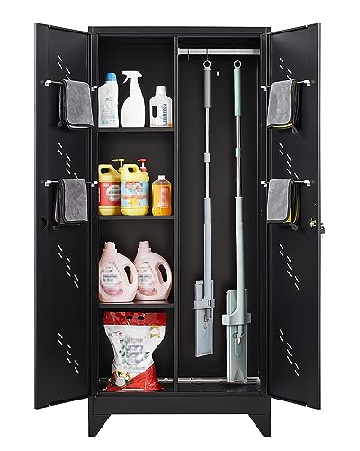 Metal Storage Cabinet with Lock, 71" Garage Storage Cabinets with Hanging Rod & S-Hooks, Large Storage Cabinet, Locking Tool Utility Closet, Black - size: 71" Garage Cabinets