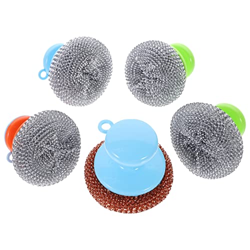 FRCOLOR 5-Piece Metal Scrubber Set with Short Handle Random Color for Pot and Pan Cleaning Heavy Duty Dish Cleaning Brush Kitchen Scouring Tool