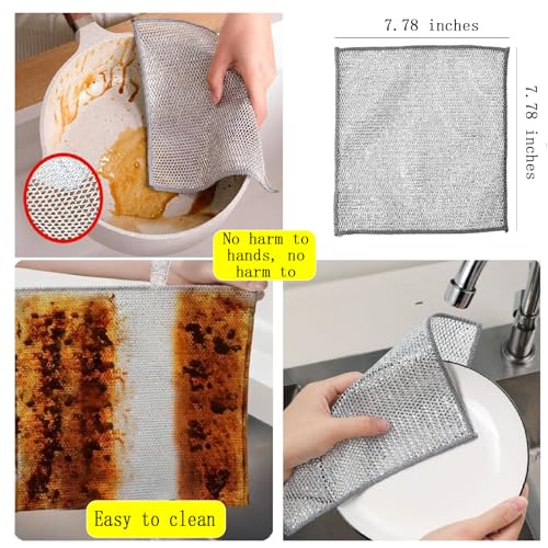 Double layer metal wire scratch free cloth, dry and wet dual-purpose metal wire dishwashing cloth, suitable for kitchen cleaning, cookware, tableware, sink, stove, etc., easy to rinse (10 pieces)