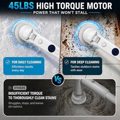 Electric Spin Scrubber, 45LBS High Torque Deep Cleaning Scrubber, Cordless Cleaning Brush with Adjustable Handle & 7 Replaceable Heads, Heavy-Duty Bathroom Scrubber for Bathroom Cleaning (White)