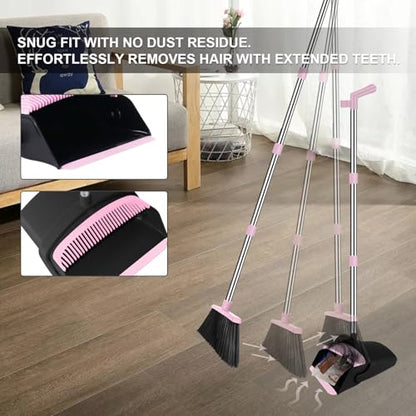 Pink Broom with Dustpan Combo Set, 51" Long Handle Household Cleaning Tool, Ideal Broom and Dustpan Set for Pet Hair and Home Use - color: Pink
