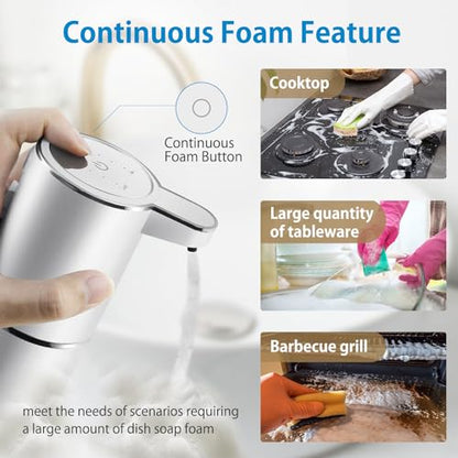 Automatic Foaming Soap Dispenser,4-Level Adjustable Foam, Wall Mount, USB Rechargeable,12.8oz/ 380ml,Touchless Hand & Dish Soap Dispenser for Bathroom, Kitchen,Hotel, Restaurant - color: Silvery, style: Foam