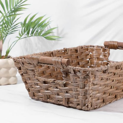 2 Pack Large Waterproof Wicker Storage Basket – 15"x10.6"x5.1" Brown Polypropylene Woven Baskets with Wood Handles & Metal Frame for Pantry, Bathroom, Bedroom, Patio
