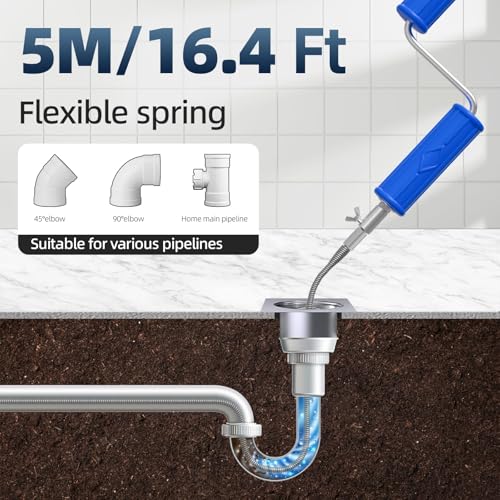 Drain Snake, Drain Auger with Drill Attachment, 16.4 Feet By 6MM Plumbing Snake Auto Feed Flexible Hair Drain Clog Remover for Kitchen, Bathrom and Shower Sink