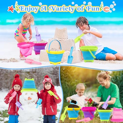 Collapsible Beach Buckets for Kids, 4 Packs Foldable Sand Buckets and Shovels with Mesh Beach Bag, Silicone Sand Pails for Toddlers Beach Toys, Easter Egg Hunt, Camping, Travelling, Fishing Water Pail - style: 4 Buckets