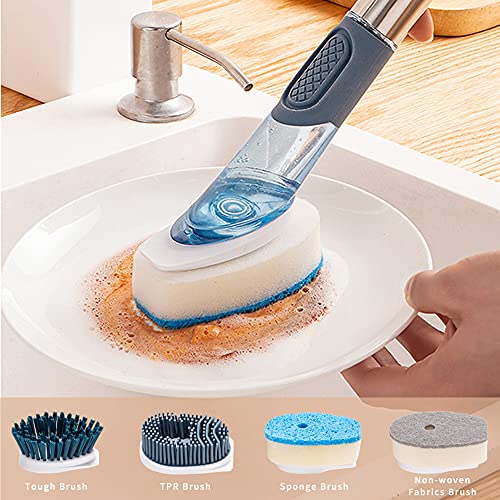 Dish Cleaning Brush, Soap Dispensing Dish Brush Set with 4 Replacement Heads and Storage Holder, Kitchen Scrub Brush for Dish Pot Pan Sink Cleaning (Blue) - color: Blue
