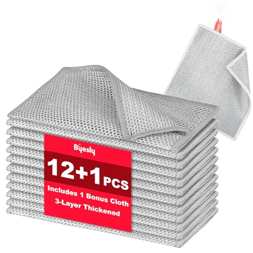 Non-Scratch Silver Mesh Dish Cloths, 12+1 Pack 3-Layer Metallic Fiber Cleaning Cloths for Kitchen, Diamond Weave Scrubber Pads for Dishes, Sinks & Cookware (7.87x7.87 Inches) - style: 3-Layer Silver Mesh
