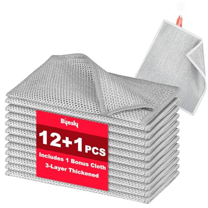 Non-Scratch Silver Mesh Dish Cloths, 12+1 Pack 3-Layer Metallic Fiber Cleaning Cloths for Kitchen, Diamond Weave Scrubber Pads for Dishes, Sinks & Cookware (7.87x7.87 Inches) - style: 3-Layer Silver Mesh