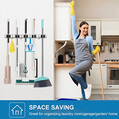 IMILLET 2 PACK Stainless Steel Mop and Broom Holder and 1 PACK Wooden Broom Holder