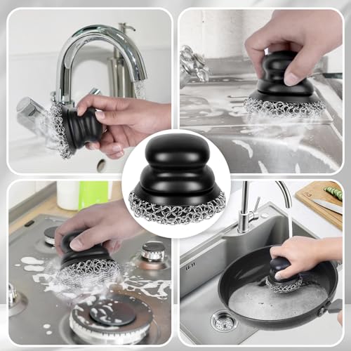 Cast Iron Scrubber and Scraper, Chain Mail Scrubber Cast Iron for Cleaning Dishes, Stock Pots, Pans, Griddles, Grills, Dish Scouring Pads - color: Black Coarse Mesh