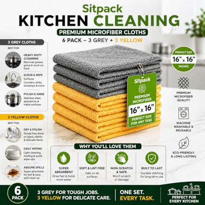 Kitchen Cleaning Bundle: 6 Non-Scratch Scrub Sponges, 6 Microfiber Cloths 16x16 and 20 Code H Trash Bags 8-9 Gallon, Cleaning Supplies for Kitchen, Sink, Bath and Dishes