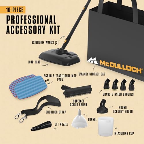 McCulloch MC1270 Portable Power Steam Cleaner, 30 Minute Runtime, 16 Accessories: Mop Head, Brushes, & More - Built for Home, Tile, Grout, Carpet, Furniture, & Personal Car Detailing - size: MC1270