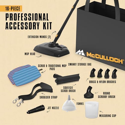 McCulloch MC1270 Portable Power Steam Cleaner, 30 Minute Runtime, 16 Accessories: Mop Head, Brushes, & More - Built for Home, Tile, Grout, Carpet, Furniture, & Personal Car Detailing - size: MC1270