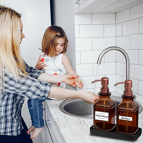 LMQML Soap Dispenser - 2 Pack, Antique Design Thick Amber Glass Hand Soap Dispensers with Sturdy Tray; 304 Rust Proof Stainless Steel Black Pump, 12Pcs Stickers, for Kitchen, Bathroom -Brushed Copper - color: Brushed Copper