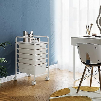 6-Tier Rolling Cart with 5 Drawers, Rolling Utility Cart with 2 Lockable Caster Wheels, Multipurpose Mobile Rolling Storage Drawer Cart for Office Bathroom Kitchen, Ivory White - size: White, 5-Tier, 4S/1L Drawer