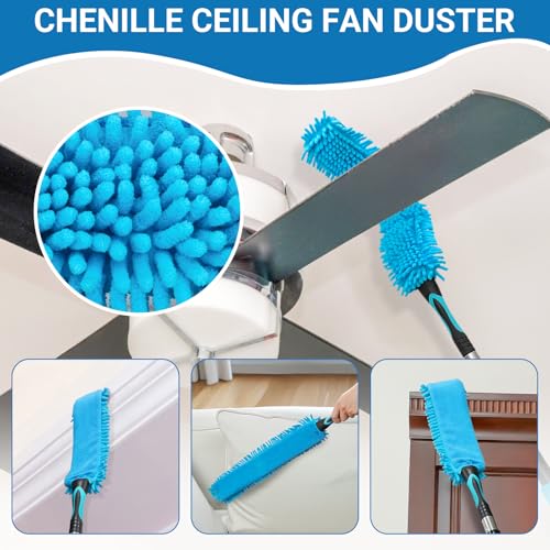 20FT High Ceiling Fan Duster with 5-12FT Extension Pole, Extendable Reusable Cobweb and Bendable Feather Duster Kit for Cleaning Spiderweb and Dust