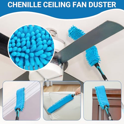 20FT High Ceiling Fan Duster with 5-12FT Extension Pole, Extendable Reusable Cobweb and Bendable Feather Duster Kit for Cleaning Spiderweb and Dust
