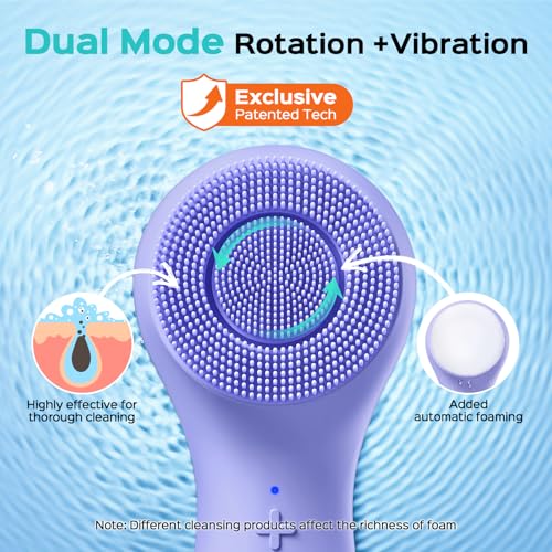 COSLUS Face Scrubber Facial Cleansing Brush: 2 in 1 Spin and Vibration Patented Tech, Silicone Electric Exfoliator Scrubber with Automatic Foaming, Waterproof Face Cleanser Brush for Men (Purple) - color: Purple