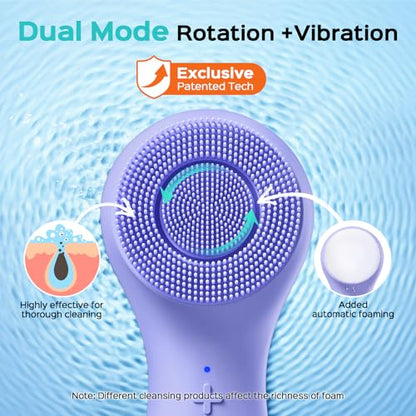 COSLUS Face Scrubber Facial Cleansing Brush: 2 in 1 Spin and Vibration Patented Tech, Silicone Electric Exfoliator Scrubber with Automatic Foaming, Waterproof Face Cleanser Brush for Men (Purple) - color: Purple