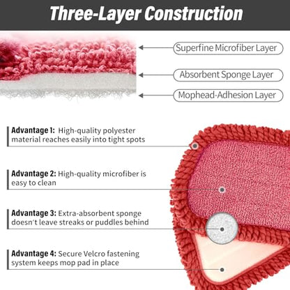 16.5" Microfiber Mop Pads Refills, 3 Pack Reusable Replacement Heads | reusable wet mop refills, machine washable for 14-16 inch spray mops, hardwood floors, dust cleaning & scrubbing - color: 16"red Rolled*3