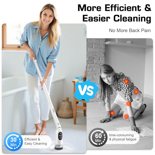 Electric Spin Scrubber, 200Mins Runtime Bathroom Scrubber with 3-Speed & LCD Display, Full-Body IPX7 Shower Scrubber with 8 Heads for Bathtub Kitchen Floor Grout, 53IN Extendable Handle