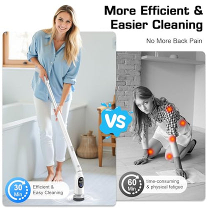 Electric Spin Scrubber, 200Mins Runtime Bathroom Scrubber with 3-Speed & LCD Display, Full-Body IPX7 Shower Scrubber with 8 Heads for Bathtub Kitchen Floor Grout, 53IN Extendable Handle