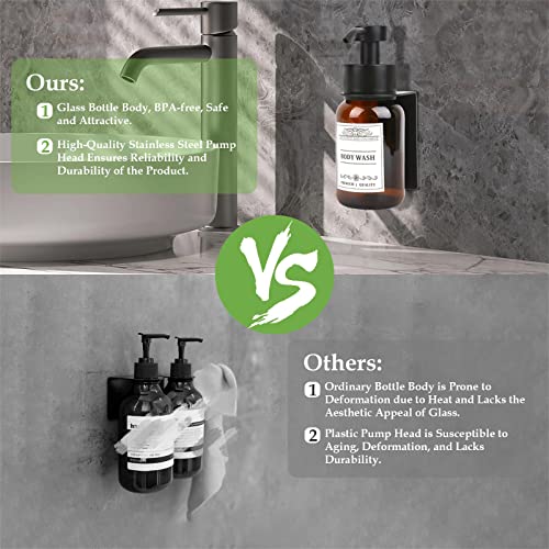 Glass Soap Dispenser with Pump and Wall Mount Holder,8.5 Oz Shampoo and Conditioner Dispenser with Waterproof Labels(Brown) | 2 mounting options: screws and no-drill glue included; leakproof pump with waterproof conditioner labels. - color: Amber Set of 1