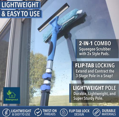 EVERSPROUT 1.5-to-3 Foot Swivel Squeegee and Microfiber Window Scrubber (8-10 Ft Standing Reach) | 2-in-1 Window & Glass Cleaning Combo | Lightweight, Aluminum Extension Pole | Includes 10-inch Blades - size: 3 feet - With Pole