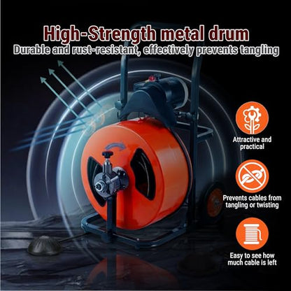 Drain Cleaner Machine, 100FT 3/8 Inch Upgraded Electric Feed Sewer Snake, Wheeled Telescopic Portable Drain Cleaner with 4 Cutters & Air-Activated Foot Switch for 2" to 4" Pipes - style: 100FT x 3/8inch