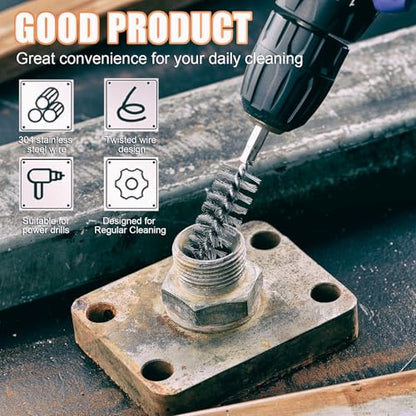 MAXMAN Stainless Steel Bore Brush, 8pcs Wire Brush for Drill, Durable Metal Bristles Twisted, 8 Size Set Multiple Diameter Options, 1/4 Inch Hex Shank, for Power Drill Impact Driver & Tube Cleaning