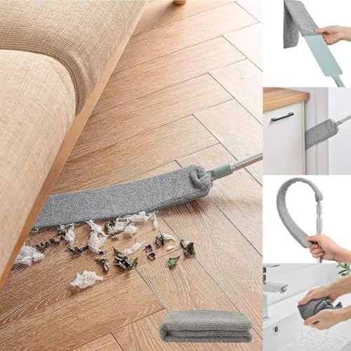 Flexible Flat Duster with Extendable Handle, Microfiber, for Under Furniture, Beds, Fridges, with 2 Washable Pads