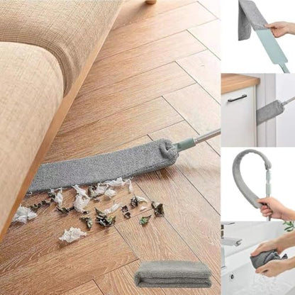 Flexible Flat Duster with Extendable Handle, Microfiber, for Under Furniture, Beds, Fridges, with 2 Washable Pads