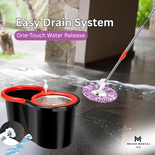 Spin Mop & Bucket Set with 2 Microfiber Mop Heads – 360° Rotating Stainless Steel Handle, Telescopic Pole (90–120cm), Hands-Free Cleaning System – Multi-Surface Floor Mop for Home & Office