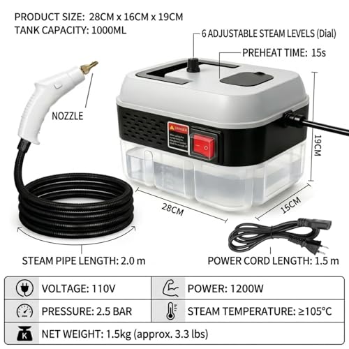 Foandbevi 1200W Handheld Steam Cleaner with 6 Adjustable Levels, 105℃ High-Pressure Portable Steam Cleaning Machine for Car Detailing, Tile Grout, Couch, Mattress, Bed & Home - 6 in 1 Attachments - color: Cream White