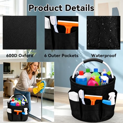 UFORU Cleaning Caddy with Handle, 17L Foldable Cleaning Supply Organizer with 6 Pockets, Portable Cleaning Products Basket, Oxford Fabric Storage Caddy for Home, Garden, Camping, Black