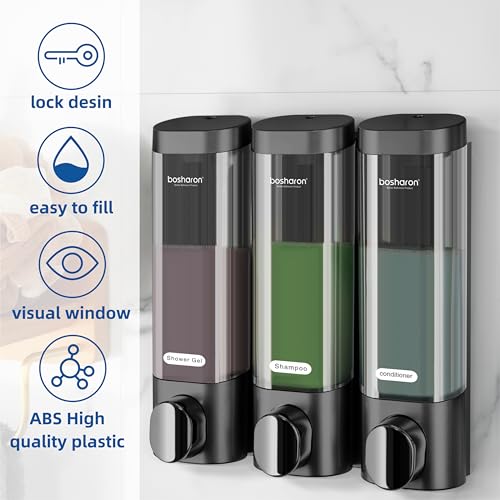 3 in 1 Shower Soap Dispenser, 3×300 ml Chamber Shampoo and Conditioner Dispenser Shampoo Dispenser for Shower Wall Mounted Shower Pump Soap Dispenser for Bathroom Kitchen (3 Chamber+Black) - color: 3 Chamber+black