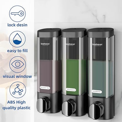 3 in 1 Shower Soap Dispenser, 3×300 ml Chamber Shampoo and Conditioner Dispenser Shampoo Dispenser for Shower Wall Mounted Shower Pump Soap Dispenser for Bathroom Kitchen (3 Chamber+Black) - color: 3 Chamber+black