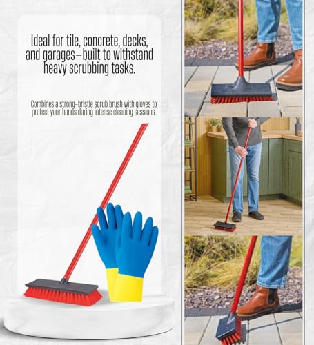 Libman 10 in. W Hard Bristle 48 in. Steel Handle Floor Scrub Brush Bundle with Cleaning Gloves 1 Pair – Heavy-Duty Scraper Brush for Tough Surfaces and Debris Removal – Gift Set (2 Items)