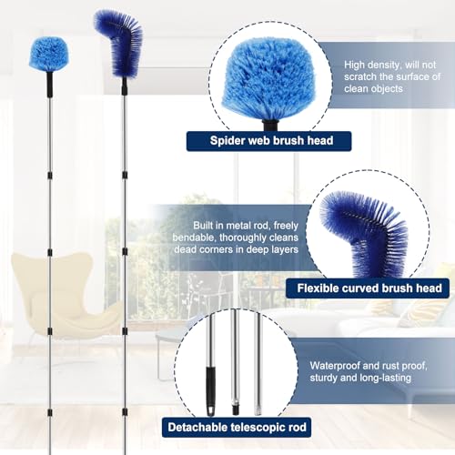 Cobweb Duster with Extension Pole, Long Handle Gutter Cleaning Tools and Cobweb Brush, Gutter Cleaning Brush Telescopic Gutter Cleaner, Detachable Spider Web Cleaner Tool for Ceiling Fan Furniture (A)