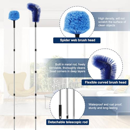 Cobweb Duster with Extension Pole, Long Handle Gutter Cleaning Tools and Cobweb Brush, Gutter Cleaning Brush Telescopic Gutter Cleaner, Detachable Spider Web Cleaner Tool for Ceiling Fan Furniture (A)