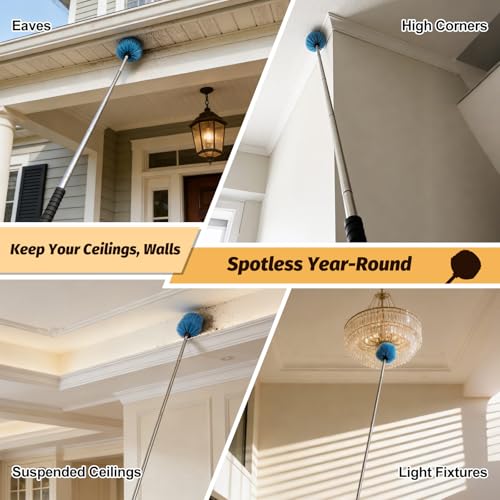 Cobweb Duster Brush with Extension Pole, Lightweight 5ft Long Spider Web Cobwebs Ceiling Fan Dust Cleaning Brush Kit with Washable Head,for Ceiling Fan, Furniture, Eaves,Vent, Roof House Cleaning - size: 5FT