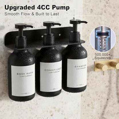 Refillable Shampoo and Conditioner Dispenser Set of 3 - Wall Mounted No Drill Pump with Bottles, 3 Chamber for Shower Soap and Body Wash Dispenser with Labels, Matte Black Bottle for Bathroom (16oz)