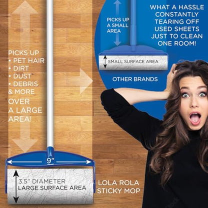 LOLA Rola PET Hair Remover Sticky Mop, Giant Floor Lint Roller, 9" x 3.5", Aluminum Handle, Largest Head, Traps Hair, Dust, Dirt, Extra Sticky Sheets - size: 1 Set, style: Mop 4-Pc Aluminum Handle