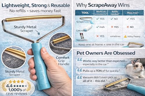 Lazy Lola™ ScrapeAway Pet Fur Scraper – Reusable Dog & Cat Hair Remover Tool for Furniture, Carpets & Car Interiors – No Batteries or Refills, Heavy-Duty Metal Pet Hair Cleaner