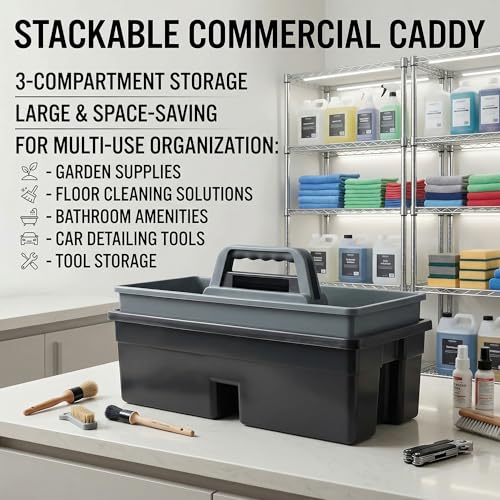 3-Compartment Plastic Cleaning Caddy Basket – Stackable Large Commercial Quality Plastic Tool Organizer Bucket with Handle, Black