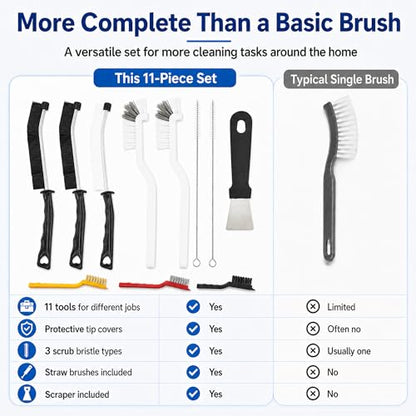 11Pcs Crevice Cleaning Brush Set, Hard Bristle Crevice Cleaning Brush Tool Kit, Thin Brush for Cleaning Tight Spaces, Gaps, Grout, Sink, Bathroom, Kitchen, Window Tracks, Bottles, Straws, with Scraper
