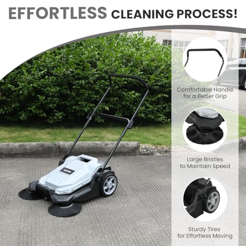 Dapper Supply Walk-Behind Outdoor Hand Push Floor Sweeper - 5.25 Gallon Capacity - 25.5" Sweeping Width - Sweeps up to 27,900 ft/Hour, Grey - size: 25.5"