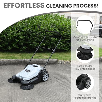 Dapper Supply Walk-Behind Outdoor Hand Push Floor Sweeper - 5.25 Gallon Capacity - 25.5" Sweeping Width - Sweeps up to 27,900 ft/Hour, Grey - size: 25.5"
