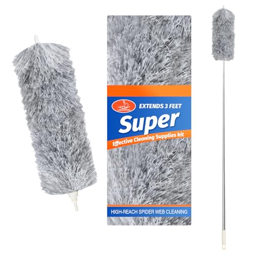 ZZ LAZYCOTTAGE Duster with Extension Pole & Flexible Head, Gray Feather Duster, Long Ddusters for Cleaning for High Ceilings, Walls, Fans, Cobweb and Furniture - color: Gray