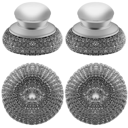 Stainless Steel Wool Scrubber with 2 Replacement Pads - Clean Metal Pans, Pots, Grills & More - color: 4pcs